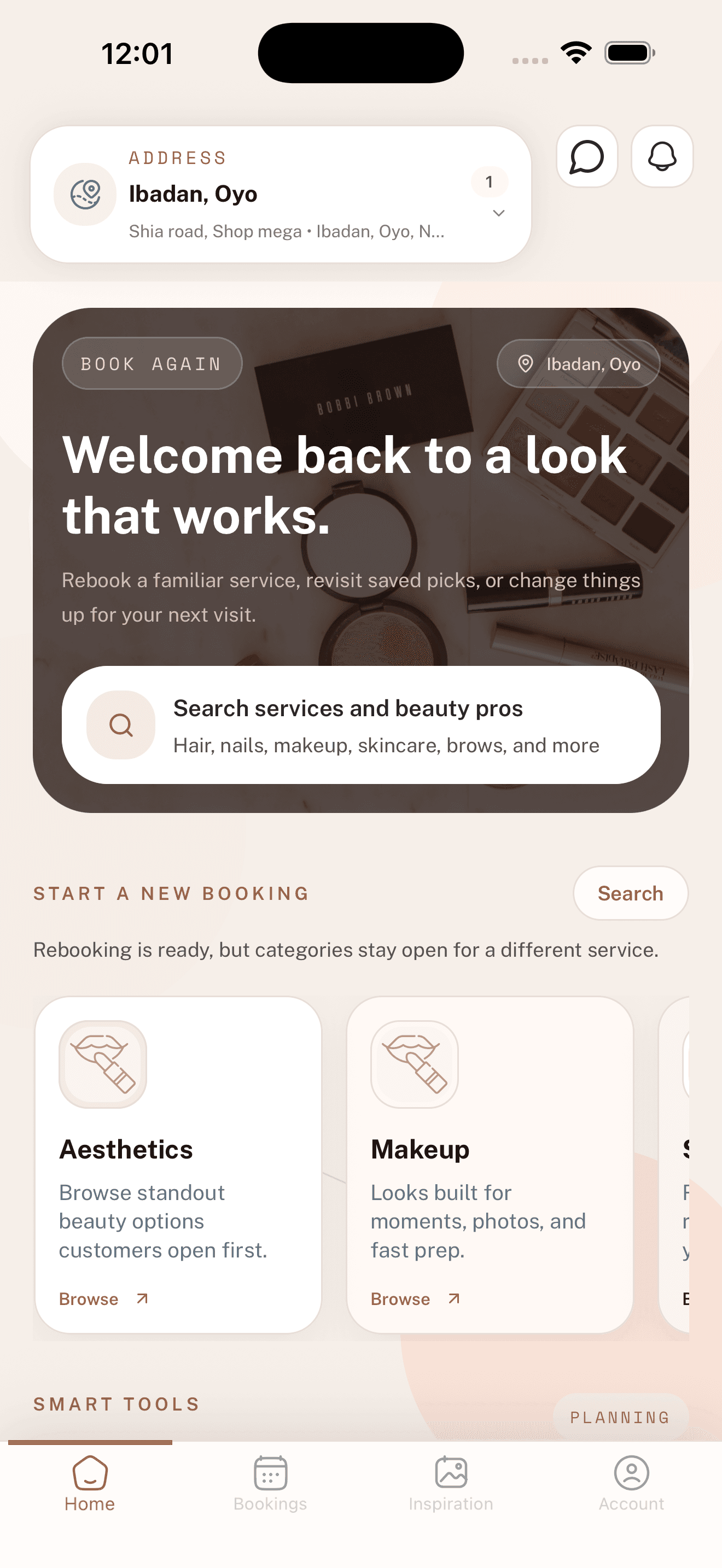 Reslay customer home screen showing rebooking, search, and beauty categories